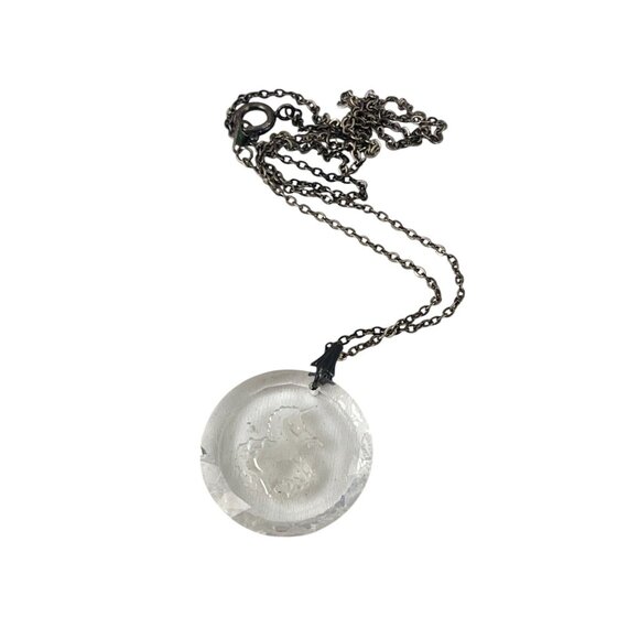 Vintage Crystal Unicorn Etched Glass Pendant Necklace With Fine Chain 18'' Sterl - Picture 3 of 5